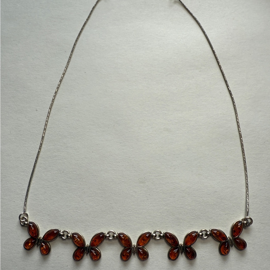 Vintage Y2k Genuine Amber And 925 Silver Butterfly Necklace